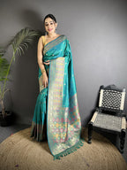 Joban Fashion Teal Green Soft Lichi Silk Multicolour Minakari Weaving Saree - Distacart