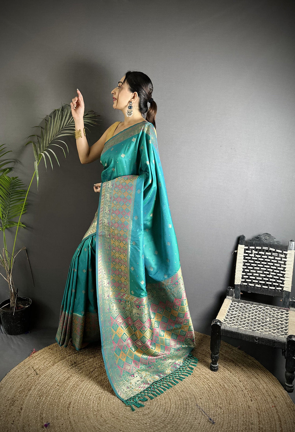 Joban Fashion Teal Green Soft Lichi Silk Multicolour Minakari Weaving Saree - Distacart