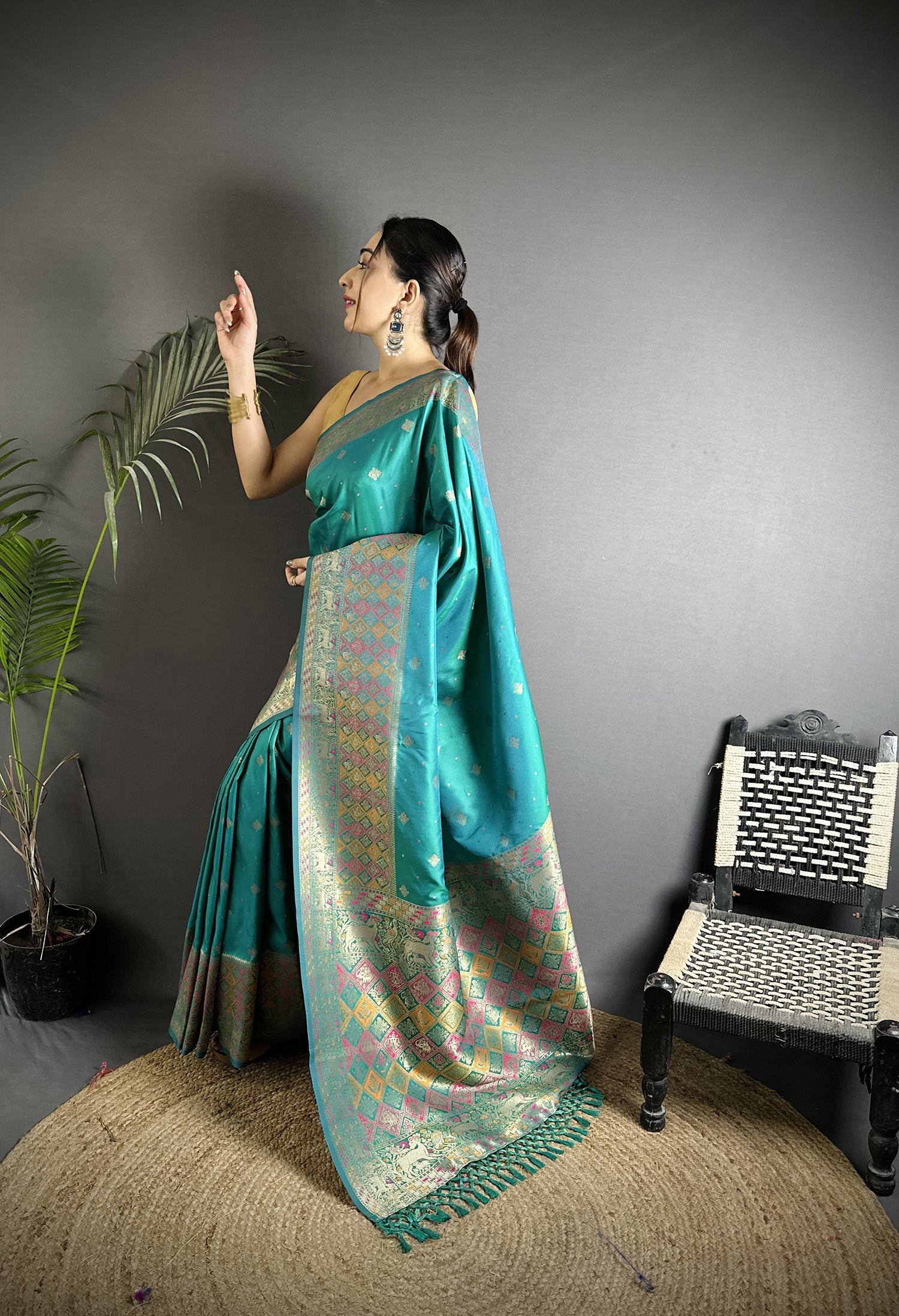 Joban Fashion Teal Green Soft Lichi Silk Multicolour Minakari Weaving Saree - Distacart