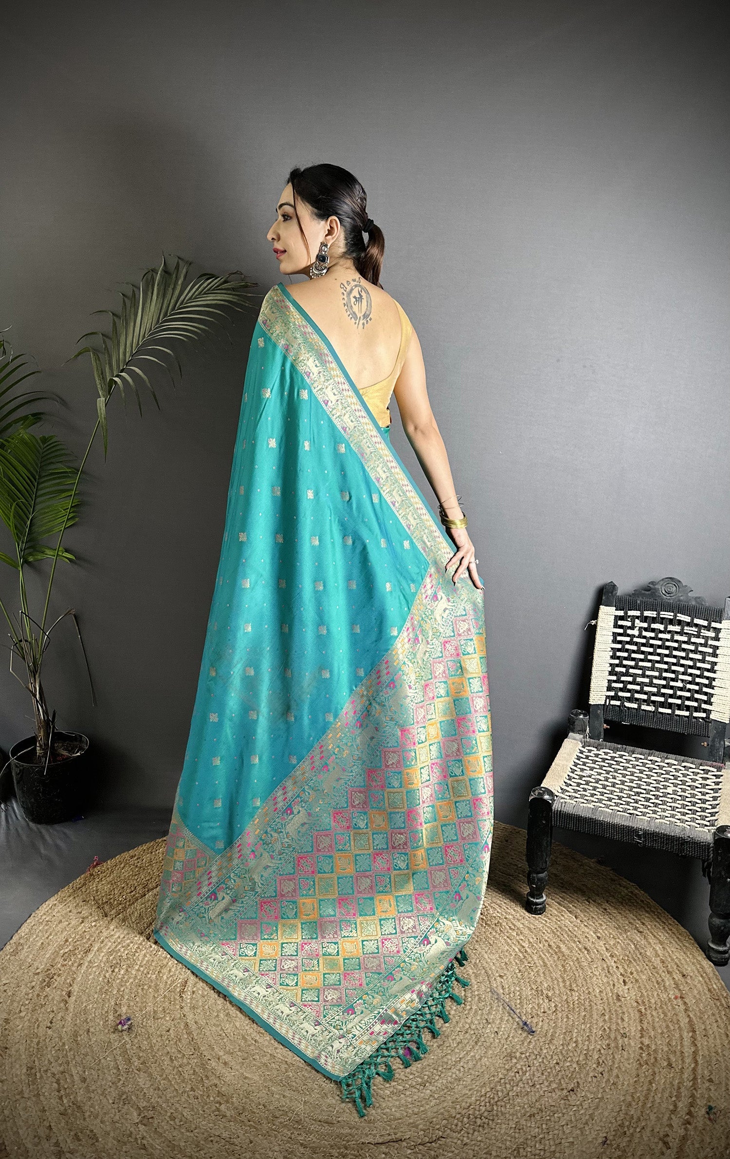 Joban Fashion Teal Green Soft Lichi Silk Multicolour Minakari Weaving Saree - Distacart