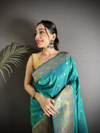 Joban Fashion Teal Green Soft Lichi Silk Multicolour Minakari Weaving Saree - Distacart