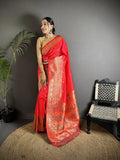 Joban Fashion Coral Red Soft Lichi Silk Multicolour Minakari Weaving Saree - Distacart