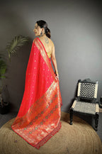 Joban Fashion Coral Red Soft Lichi Silk Multicolour Minakari Weaving Saree - Distacart