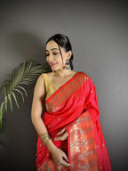 Joban Fashion Coral Red Soft Lichi Silk Multicolour Minakari Weaving Saree - Distacart