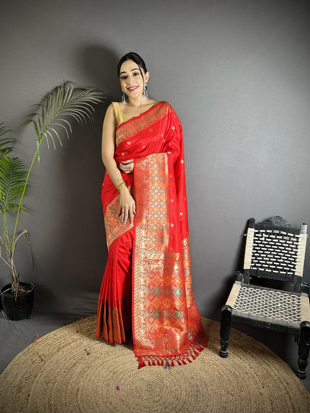 Joban Fashion Red Soft Lichi Silk Multicolour Minakari Weaving Saree - Distacart