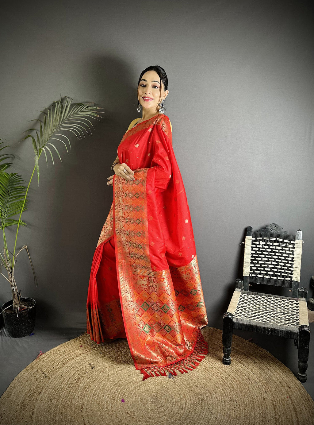 Joban Fashion Red Soft Lichi Silk Multicolour Minakari Weaving Saree - Distacart