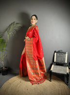 Joban Fashion Red Soft Lichi Silk Multicolour Minakari Weaving Saree - Distacart