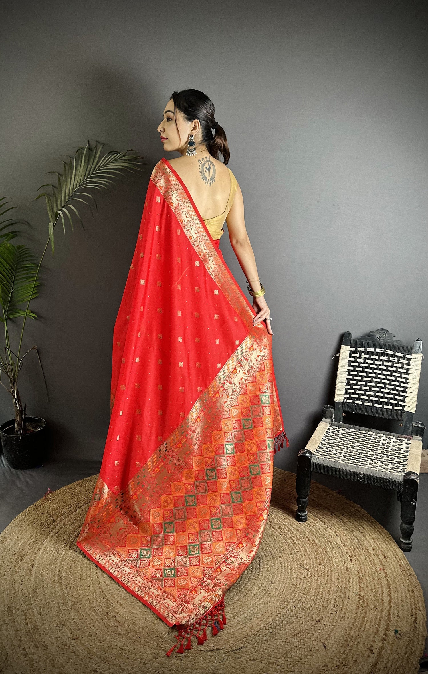Joban Fashion Red Soft Lichi Silk Multicolour Minakari Weaving Saree - Distacart