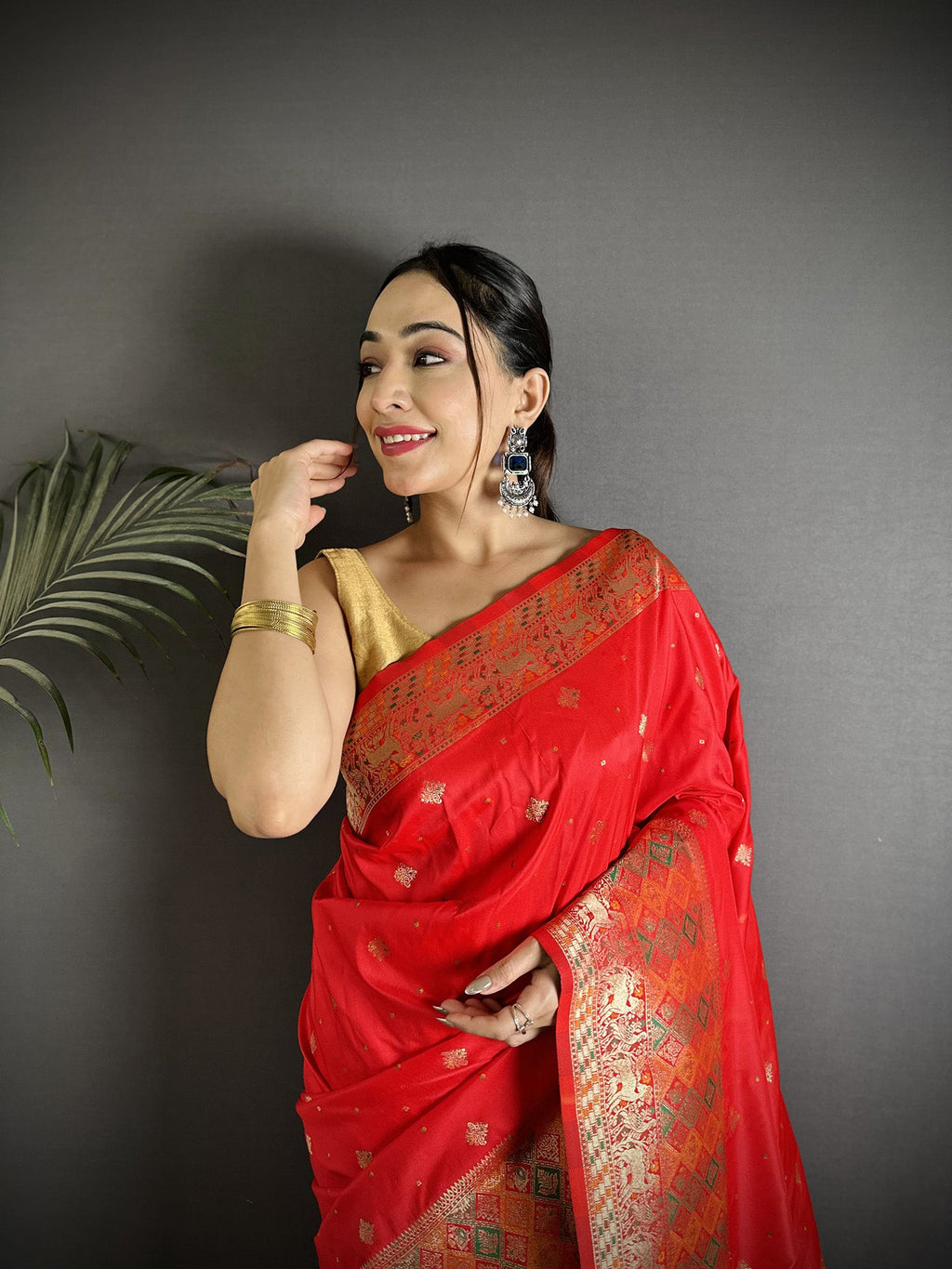 Joban Fashion Red Soft Lichi Silk Multicolour Minakari Weaving Saree - Distacart