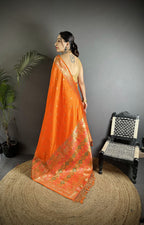 Joban Fashion Orange Soft Lichi Silk Multicolour Minakari Weaving Saree - Distacart