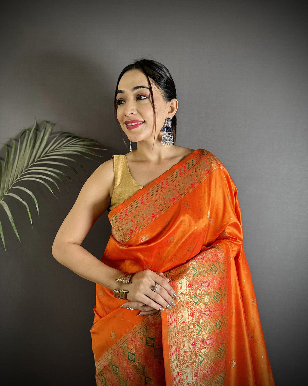 Joban Fashion Orange Soft Lichi Silk Multicolour Minakari Weaving Saree - Distacart