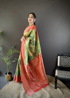 Joban Fashion Olive Green Soft Lichi Silk Rangcut Jacquard weave Saree - Distacart