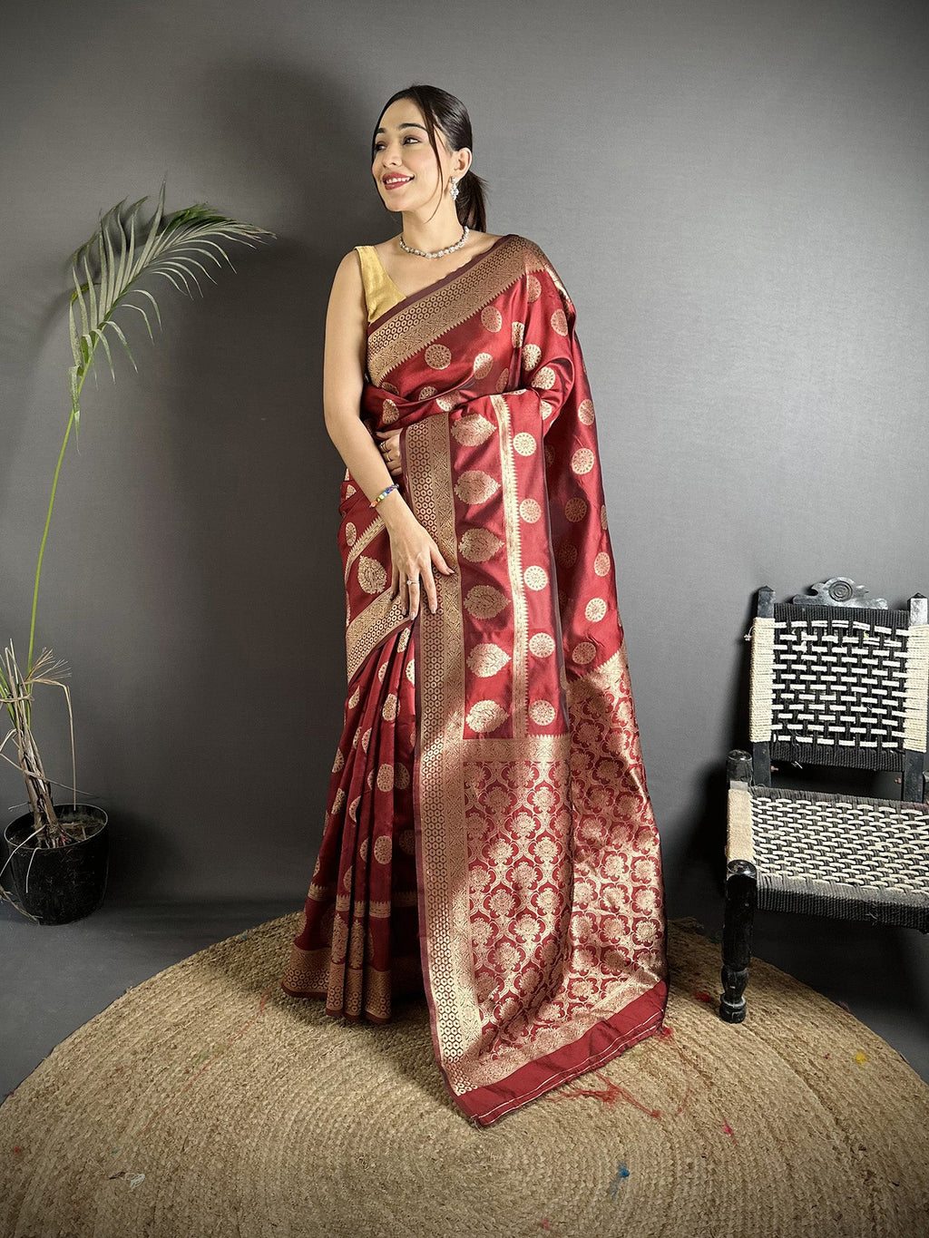 Joban Fashion Chestnut Brown Soft Banarasi Silk Jacquard Weaving Saree - Distacart