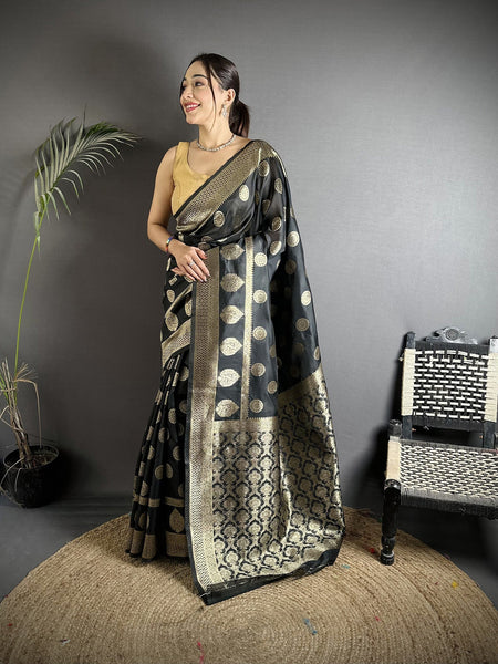 Joban Fashion Black Soft Banarasi Silk Jacquard Weaving Saree