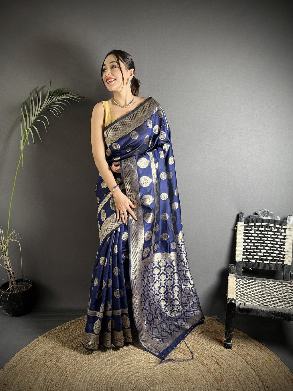 Joban Fashion Navy Blue Soft Banarasi Silk Jacquard Weaving Saree - Distacart