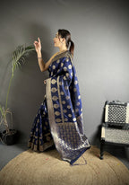 Joban Fashion Navy Blue Soft Banarasi Silk Jacquard Weaving Saree - Distacart