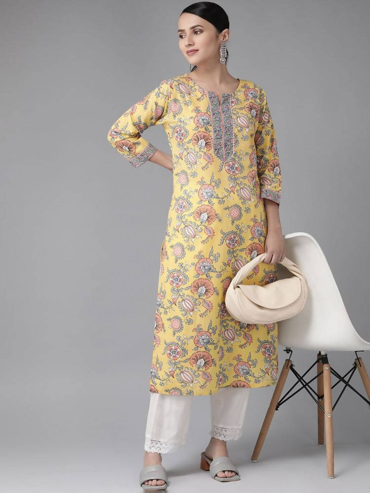 Yufta Women Yellow Floral Printed Straight Kurta