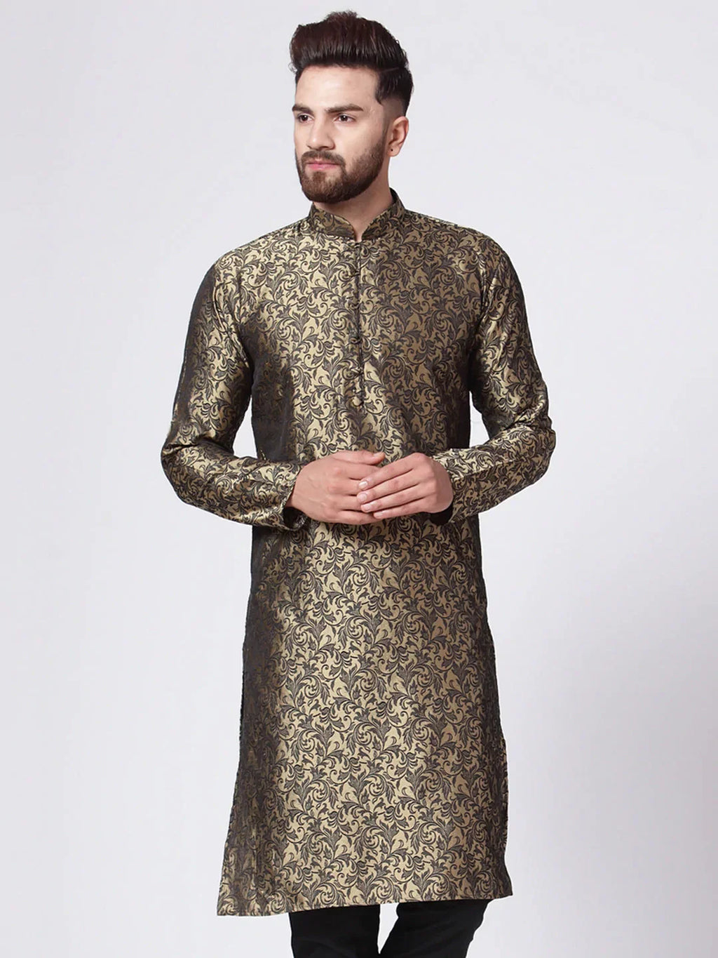 Jompers Men's Golden & Black Self Design Kurta Only