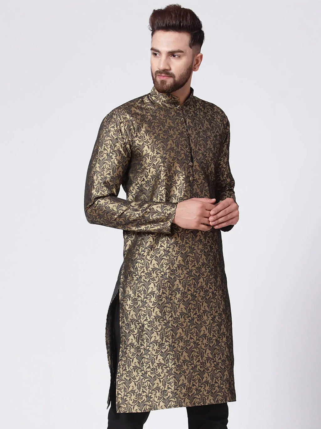 Jompers Men's Golden & Black Self Design Kurta Only