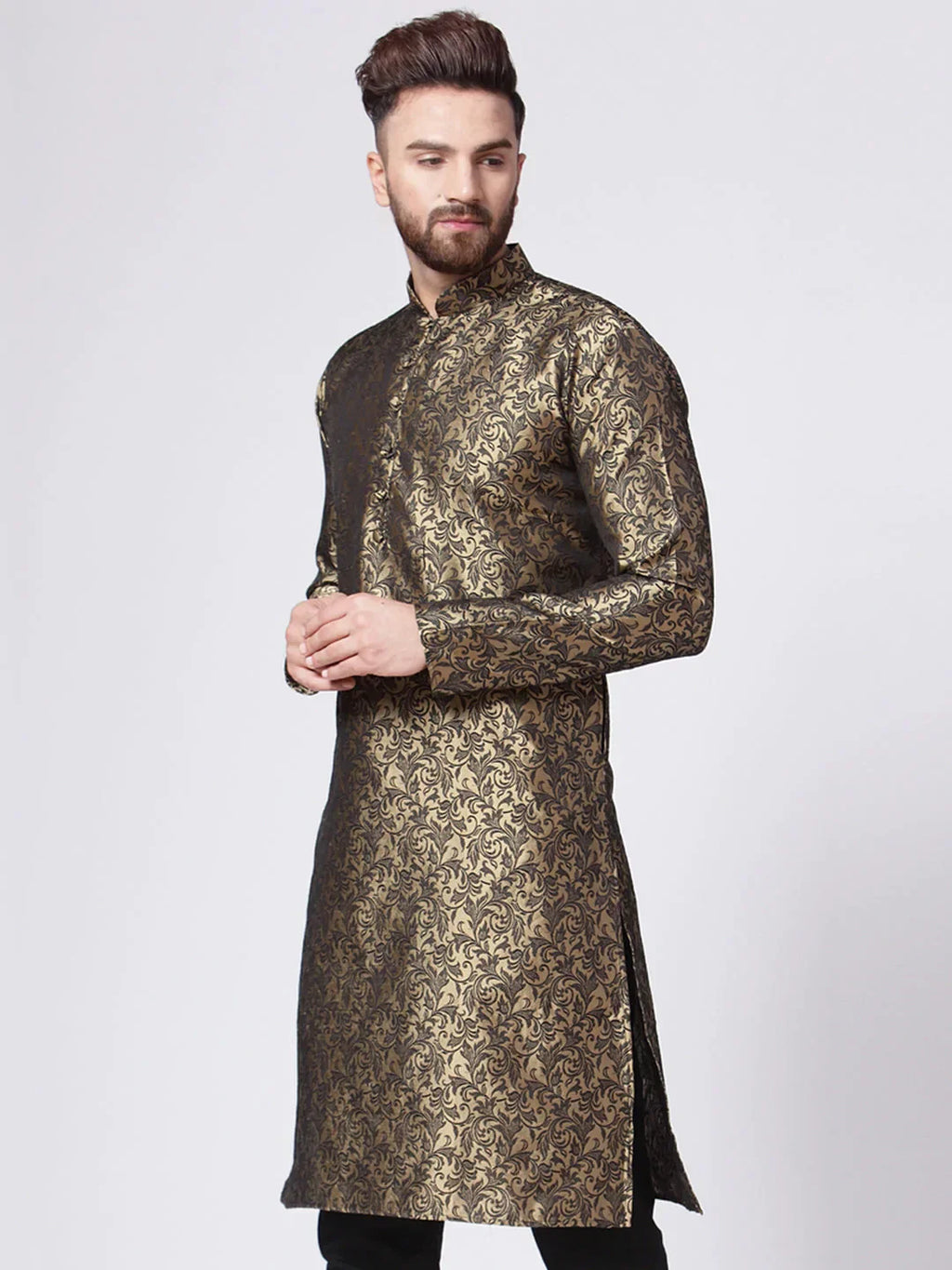 Jompers Men's Golden & Black Self Design Kurta Only