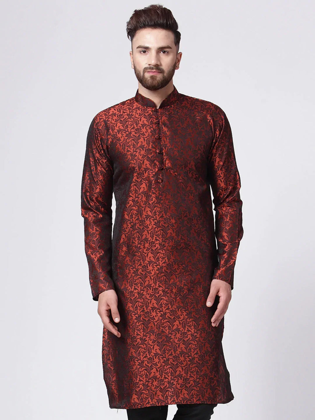 Jompers Men's Maroon & Black Self Design Kurta Only