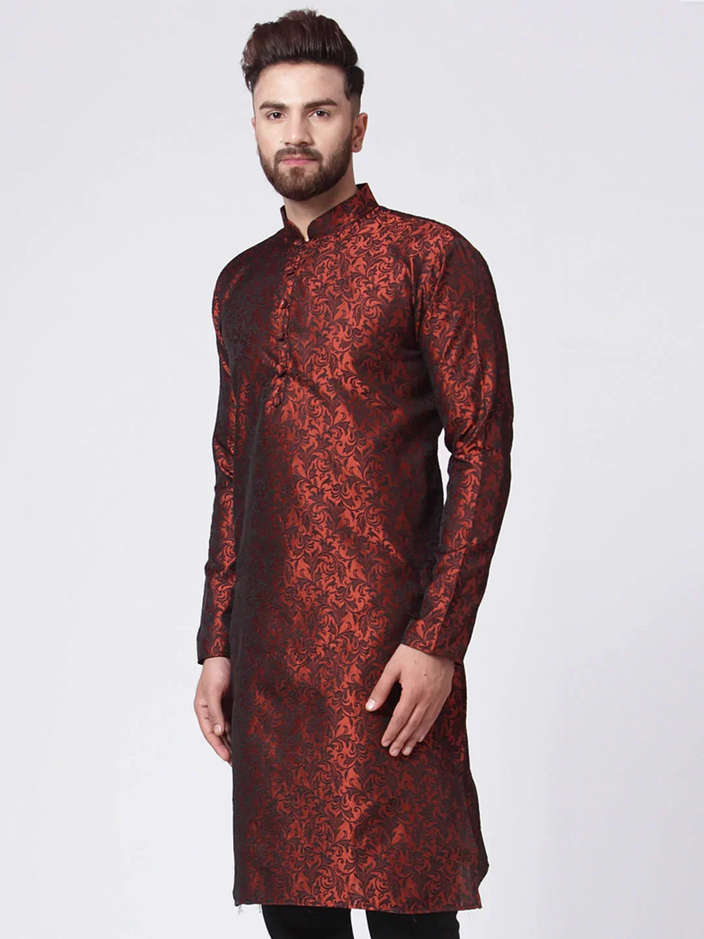 Jompers Men's Maroon & Black Self Design Kurta Only