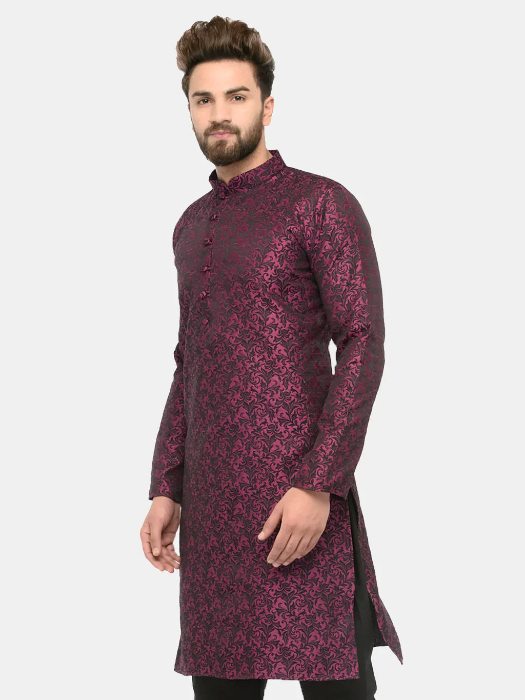Jompers Men's Purple & Black Self Design Kurta Only