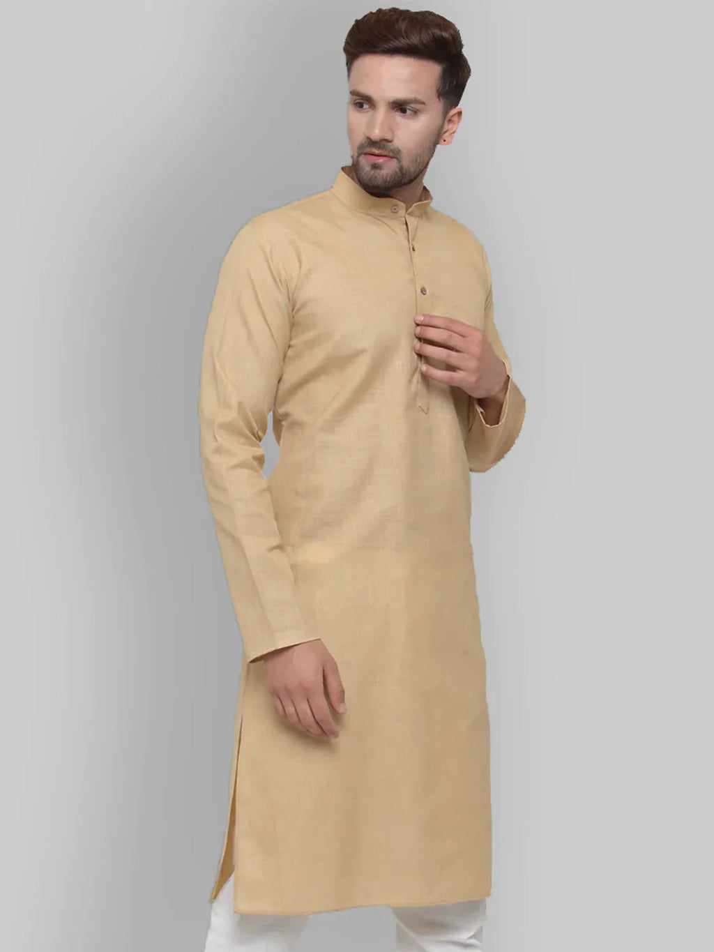 Jompers Men's Beige & White Solid Kurta Only