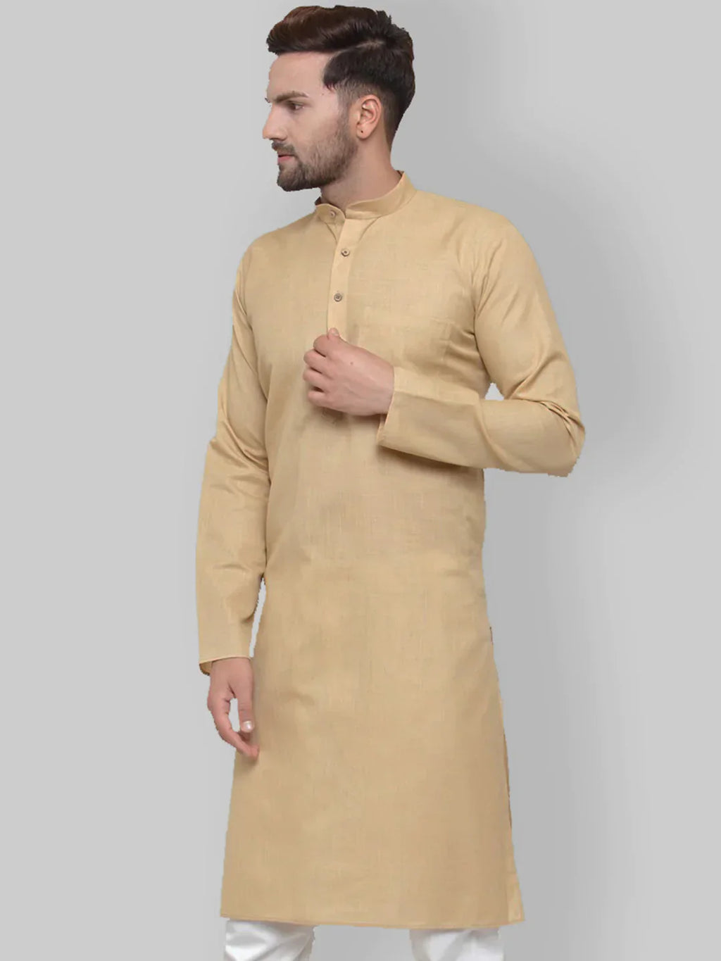 Jompers Men's Beige & White Solid Kurta Only