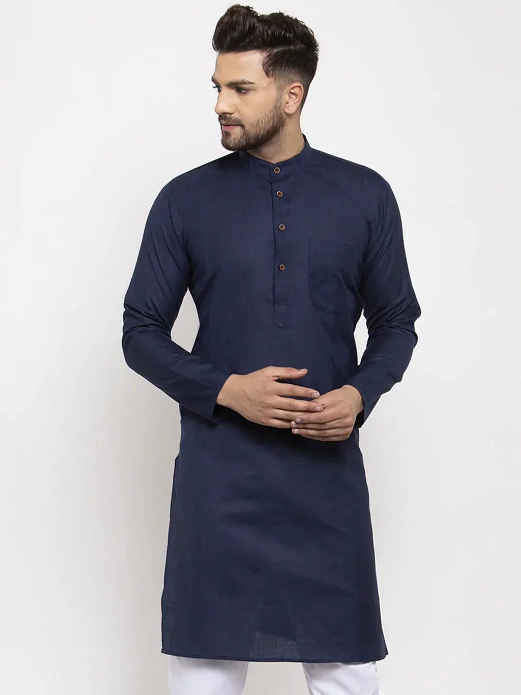 Jompers Men's Navy Blue & White Solid Kurta Only