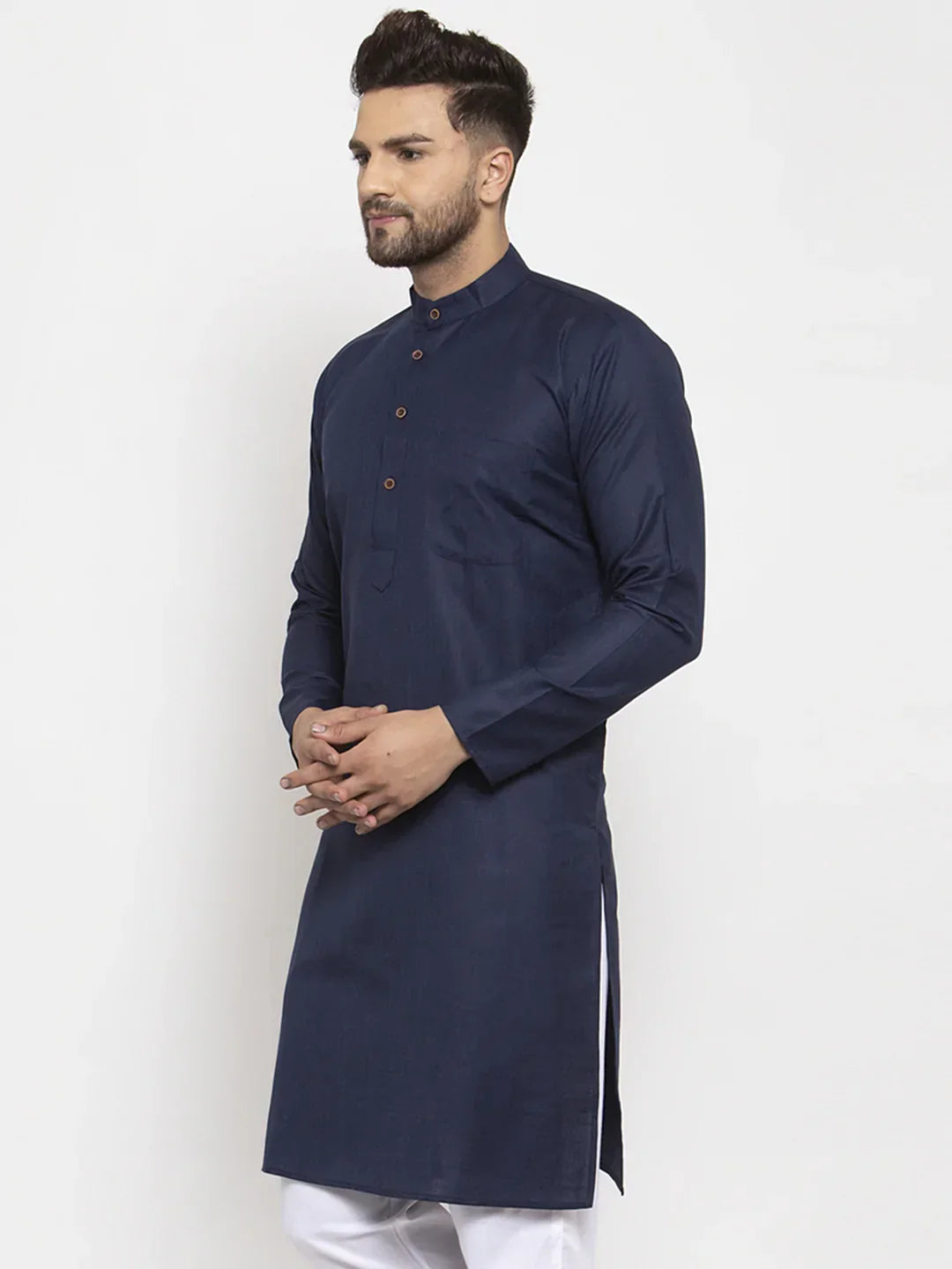 Jompers Men's Navy Blue & White Solid Kurta Only