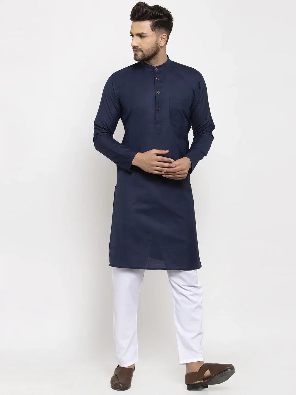Jompers Men's Navy Blue & White Solid Kurta Only
