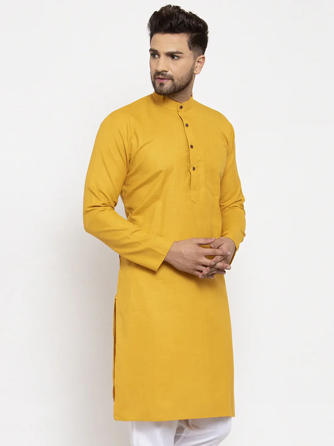 Jompers Men's Yellow & White Solid Kurta Only