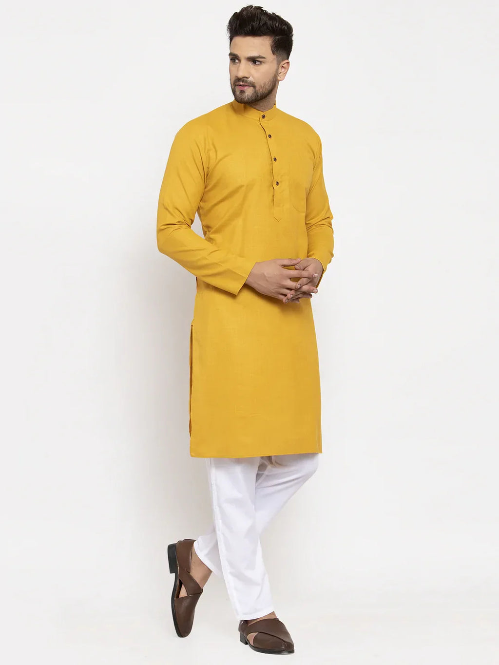 Jompers Men's Yellow & White Solid Kurta Only