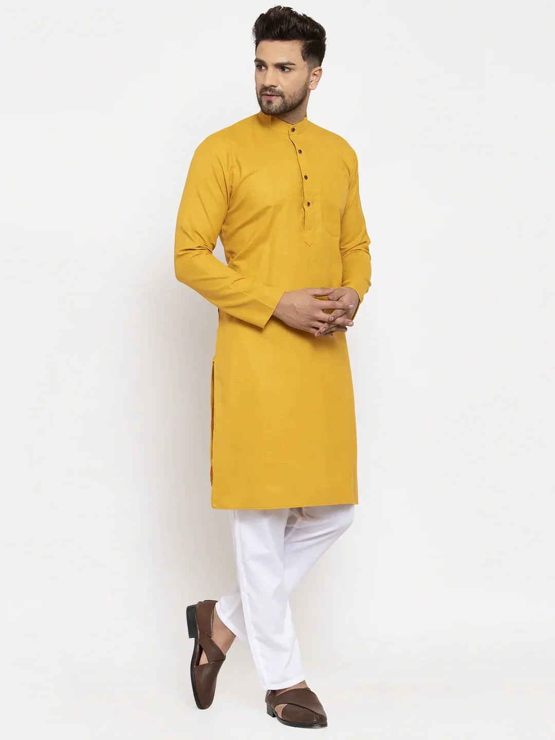 Jompers Men's Yellow & White Solid Kurta Only