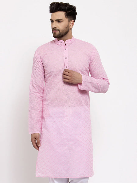 Jompers Men Pink Chikan Kurta Only
