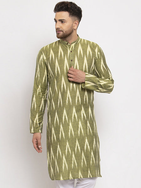 Jompers Men Green Woven Design Ikkat Straight Kurta Only