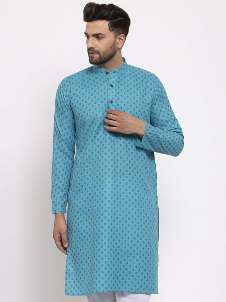 Jompers Men Sky Blue Printed Kurta Only