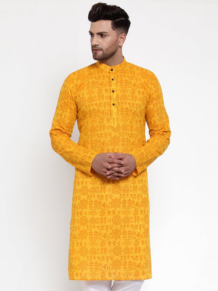 Jompers Men Mustard Printed Straight Kurta Only