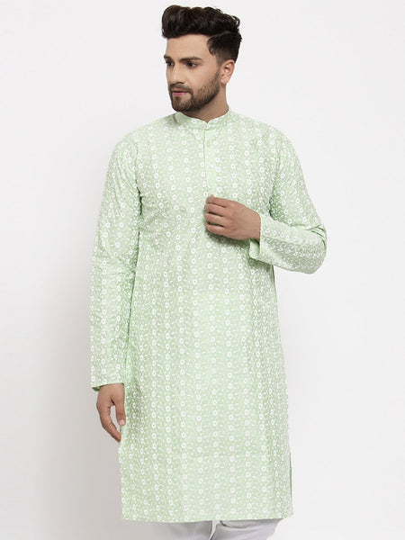 Jompers Men Mint Green Embroidered Kurta Only