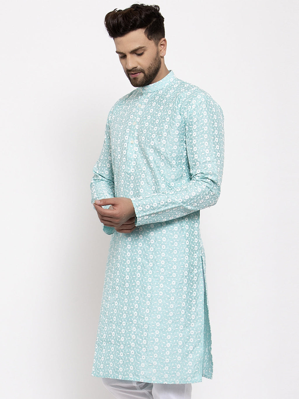 Jompers Men Turquoise Blue Embroidered Kurta Only - Distacart