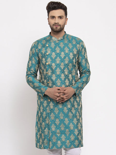 Jompers Men Green Jacquard Kurta Only