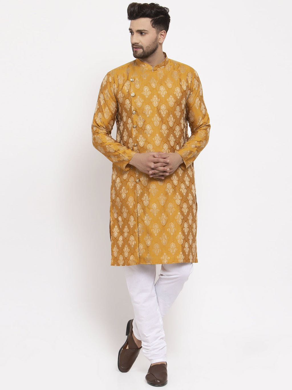Jompers Men Mustard Yellow & White Jacquard Kurta Only - Distacart