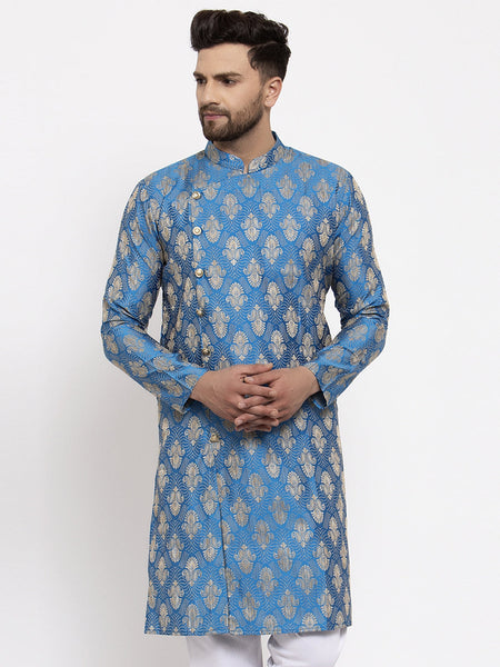 Jompers Men Blue Jacquard Kurta Only