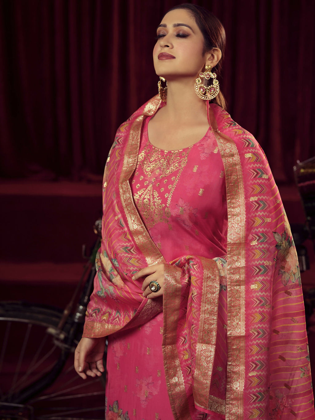 Jyoti Fashion Women's Magenta Organza Jacquard Woven Kurta with Trouser & Dupatta