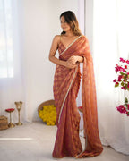 NC Chiffon Chex Wevon Chex Designer, Lace Party Wear Saree - Rust