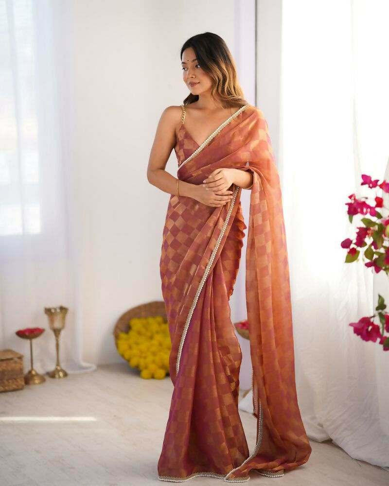NC Chiffon Chex Wevon Chex Designer, Lace Party Wear Saree - Rust