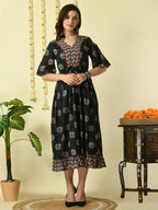 Myshka Women's Black Printed Cotton Party Dress - Distacart