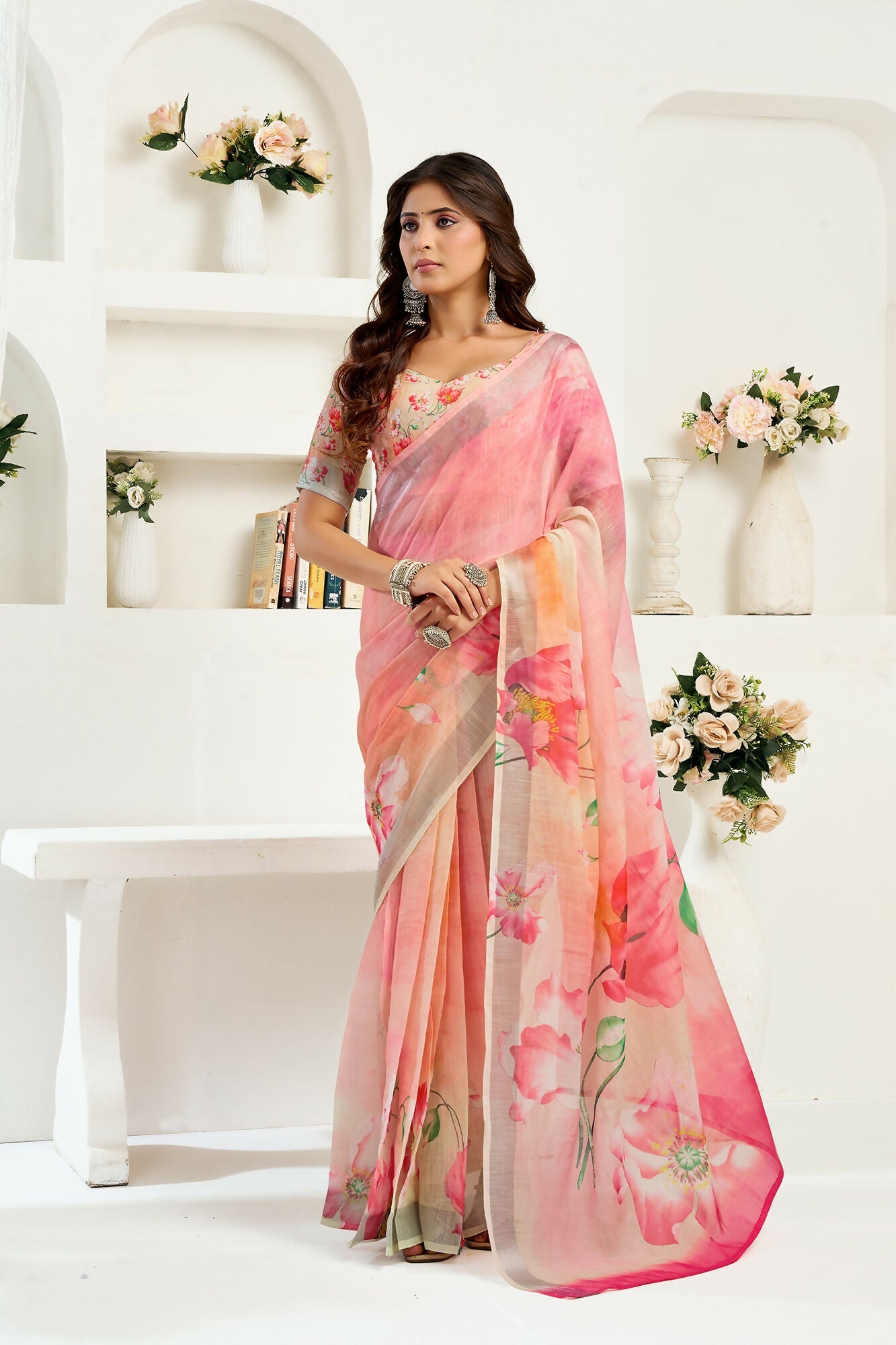 Vastranavya Peach Digital Printed Linen Ready To Wear Designer Saree with Unstitched Blouse - Distacart