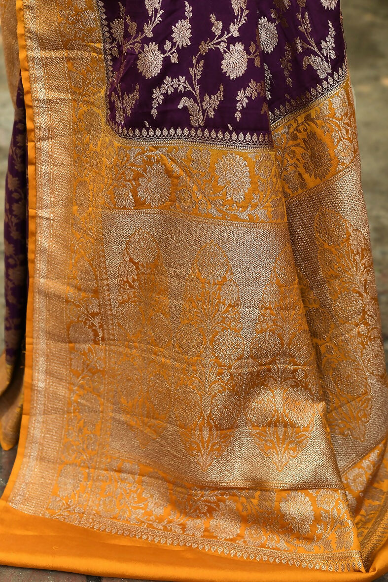 Joban Fashion Purple Crepe Chiffon Pure Handloom Banarasi Silk Saree